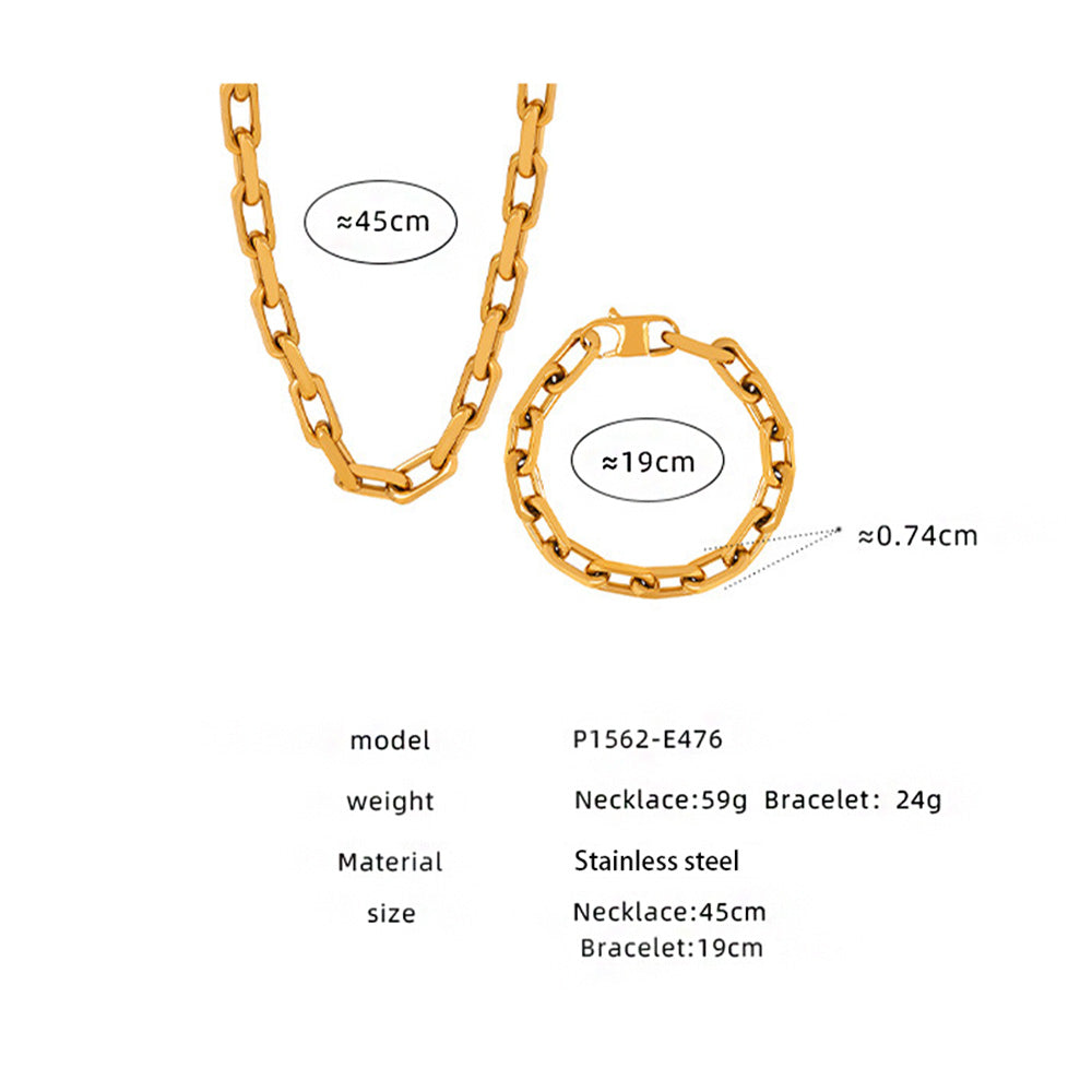 Size and product reference image for chunky stainless steel chain necklace and bracelet set