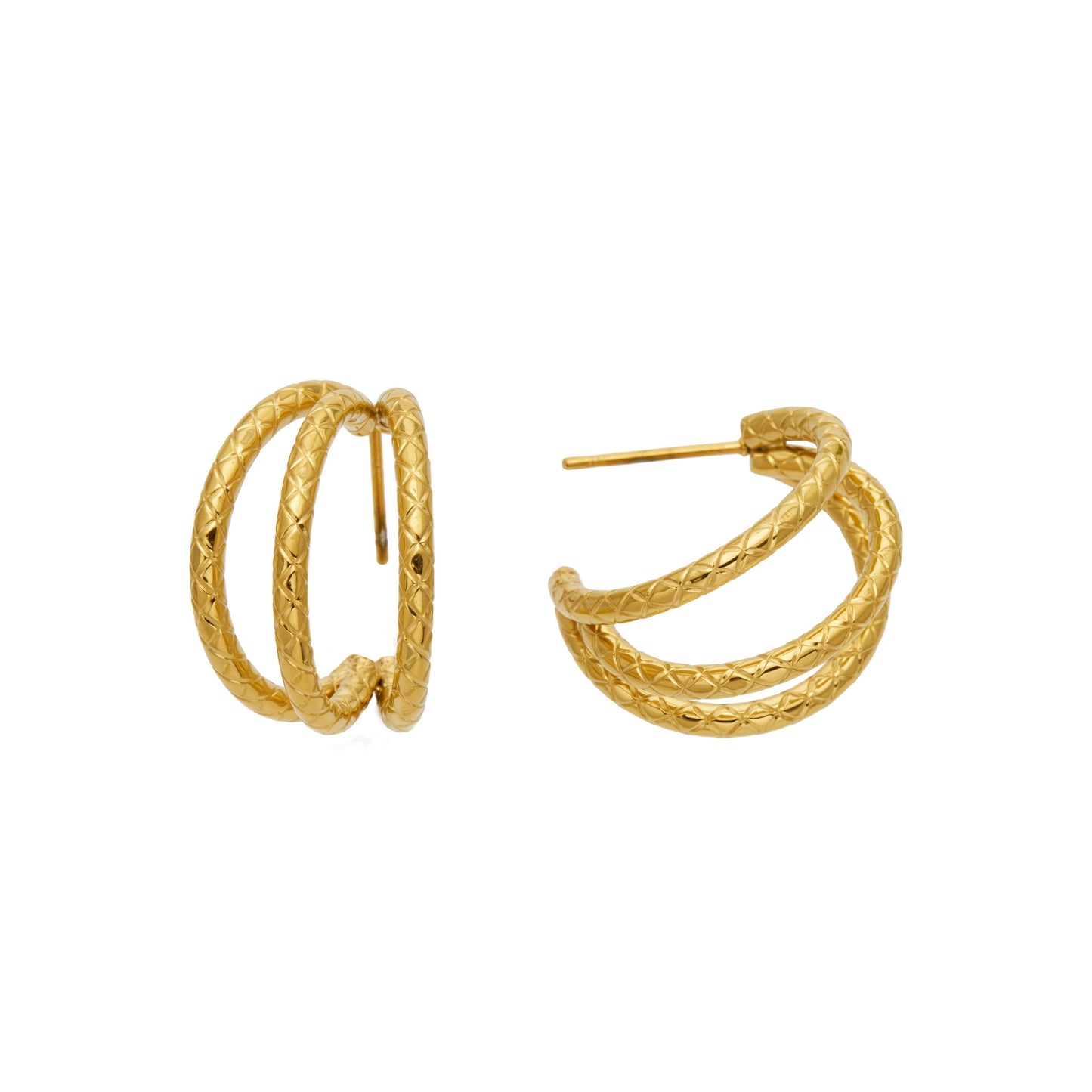 Gold chunky double layer C hoop earrings in 316 stainless steel with a rounded sculptural design