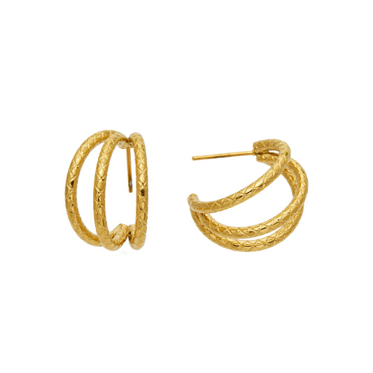 Gold chunky double layer C hoop earrings in 316 stainless steel with a rounded sculptural design