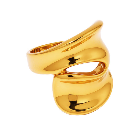 Chunky gold cutout ring in stainless steel with an 18K PVD gold finish and sculptural openwork design