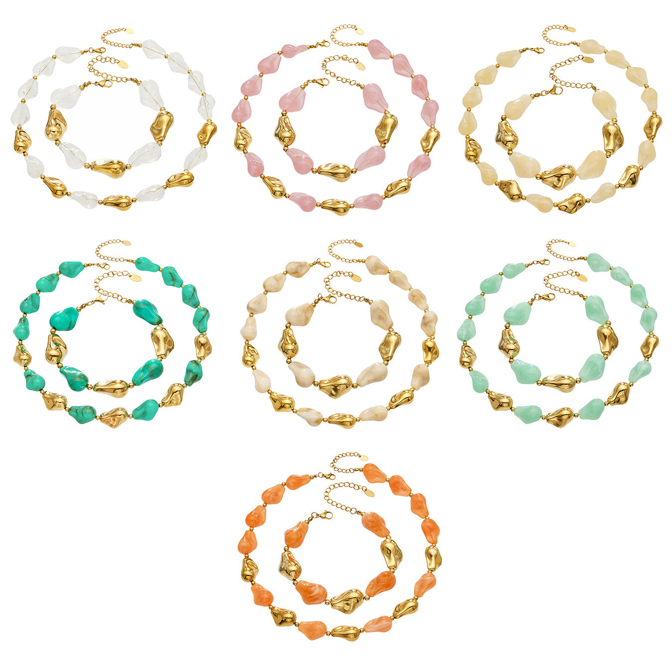 Chunky resin necklace and bracelet collection with organic beads in multiple colors and sculptural gold details