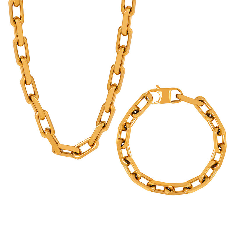 Chunky stainless steel chain necklace and bracelet set in 18K PVD gold finish displayed on a white background