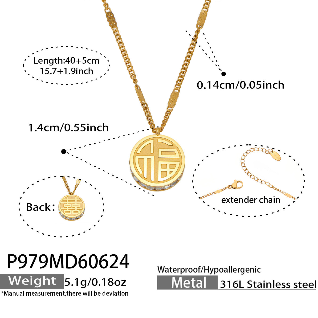 316L Stainless Steel 18K PVD Gold Circular Double-Sided Auspicious Pendant Necklace made with 316L stainless steel and 18K PVD gold finish for wholesale jewelry buyers - image 3