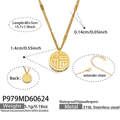 316L Stainless Steel 18K PVD Gold Circular Double-Sided Auspicious Pendant Necklace made with 316L stainless steel and 18K PVD gold finish for wholesale jewelry buyers - image 3