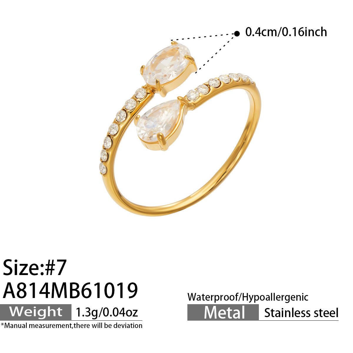 A814 gold-tone stainless steel open ring with clear colored glass and white cubic zirconia