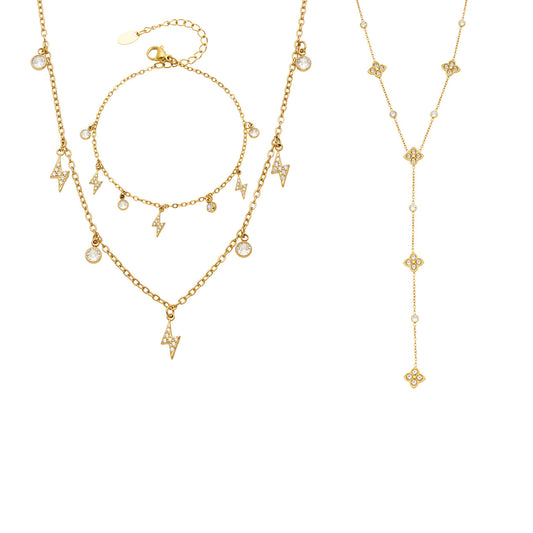 Stainless steel 5A zircon clover Y necklace and lightning charm bracelet collection