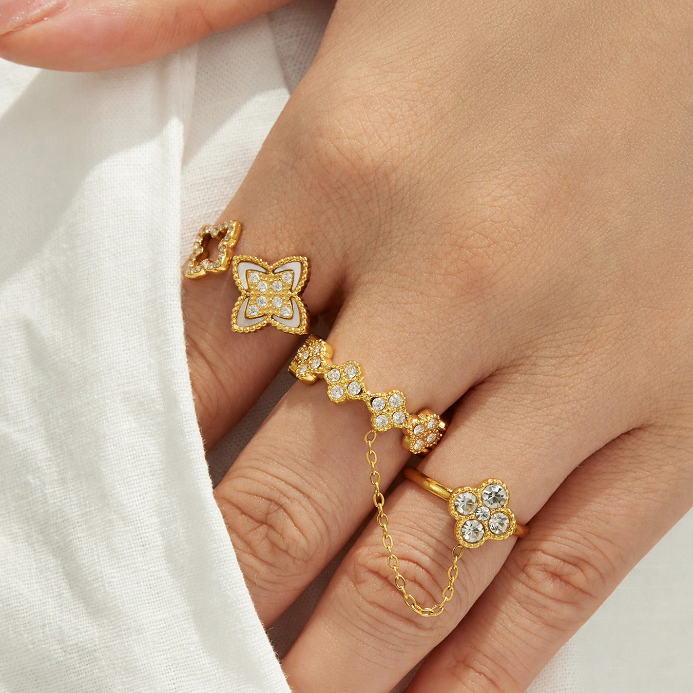 316L Stainless Steel 18K PVD Gold Clover Shell Ring Set made with 316L stainless steel and 18K PVD gold finish for wholesale jewelry buyers - image 12