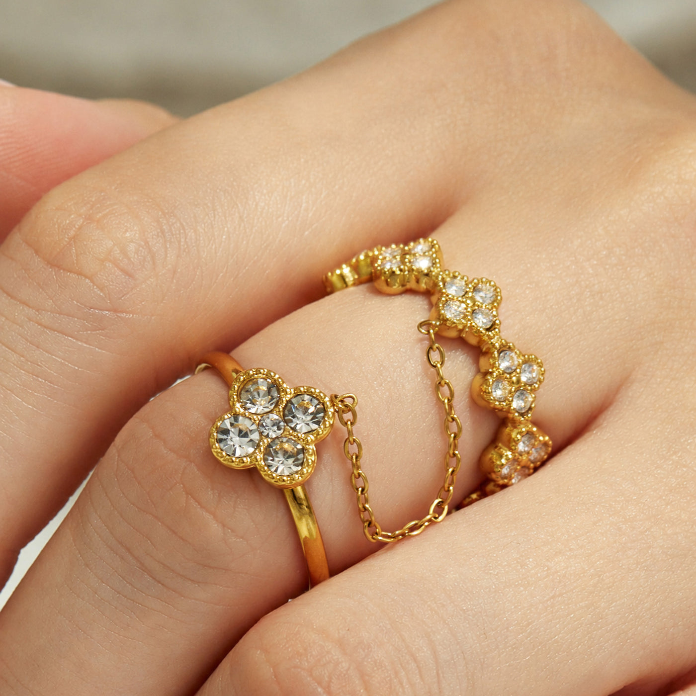 316L Stainless Steel 18K PVD Gold Clover Shell Ring Set made with 316L stainless steel and 18K PVD gold finish for wholesale jewelry buyers - image 15