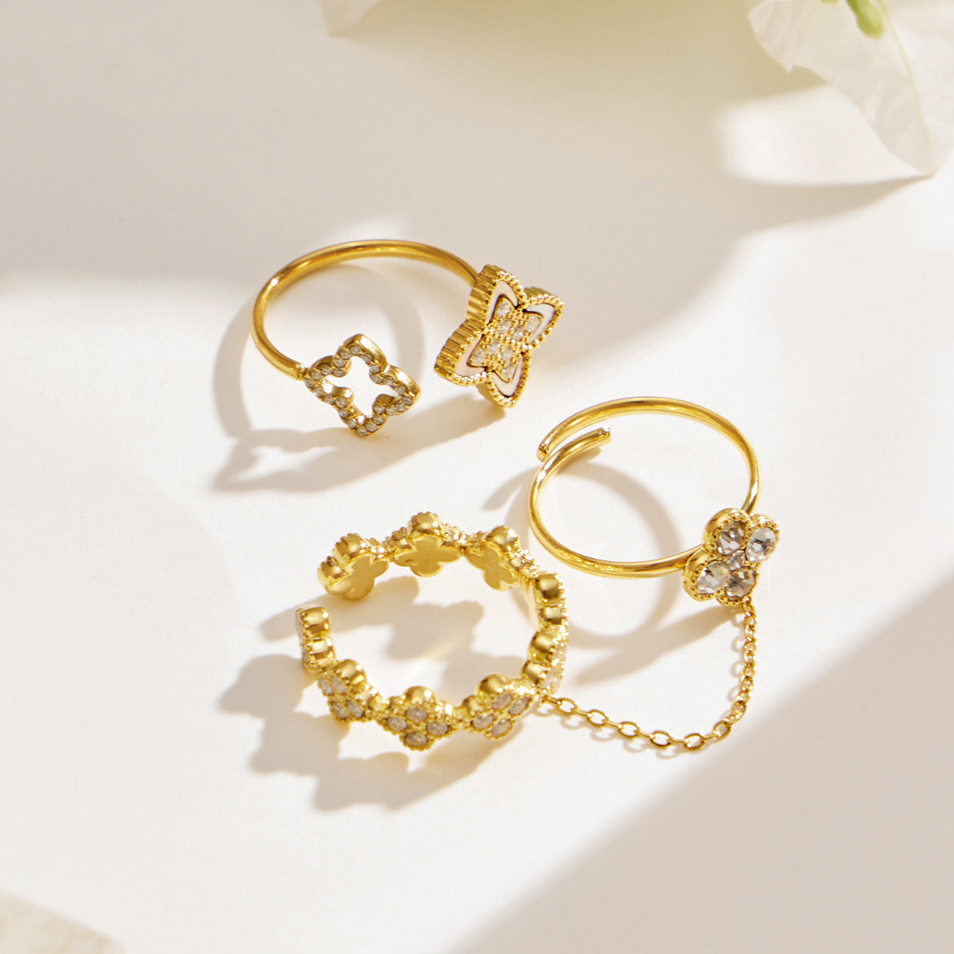 316L Stainless Steel 18K PVD Gold Clover Shell Ring Set made with 316L stainless steel and 18K PVD gold finish for wholesale jewelry buyers - image 16