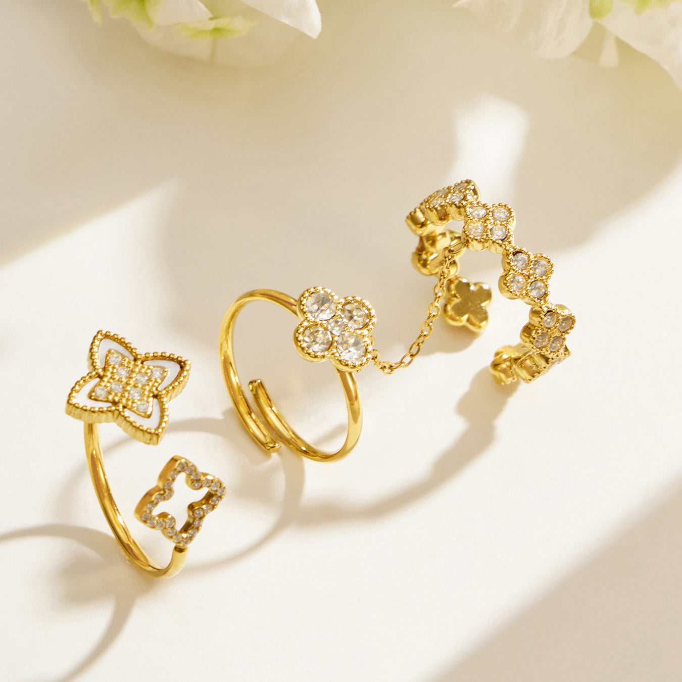 316L Stainless Steel 18K PVD Gold Clover Shell Ring Set made with 316L stainless steel and 18K PVD gold finish for wholesale jewelry buyers - image 6