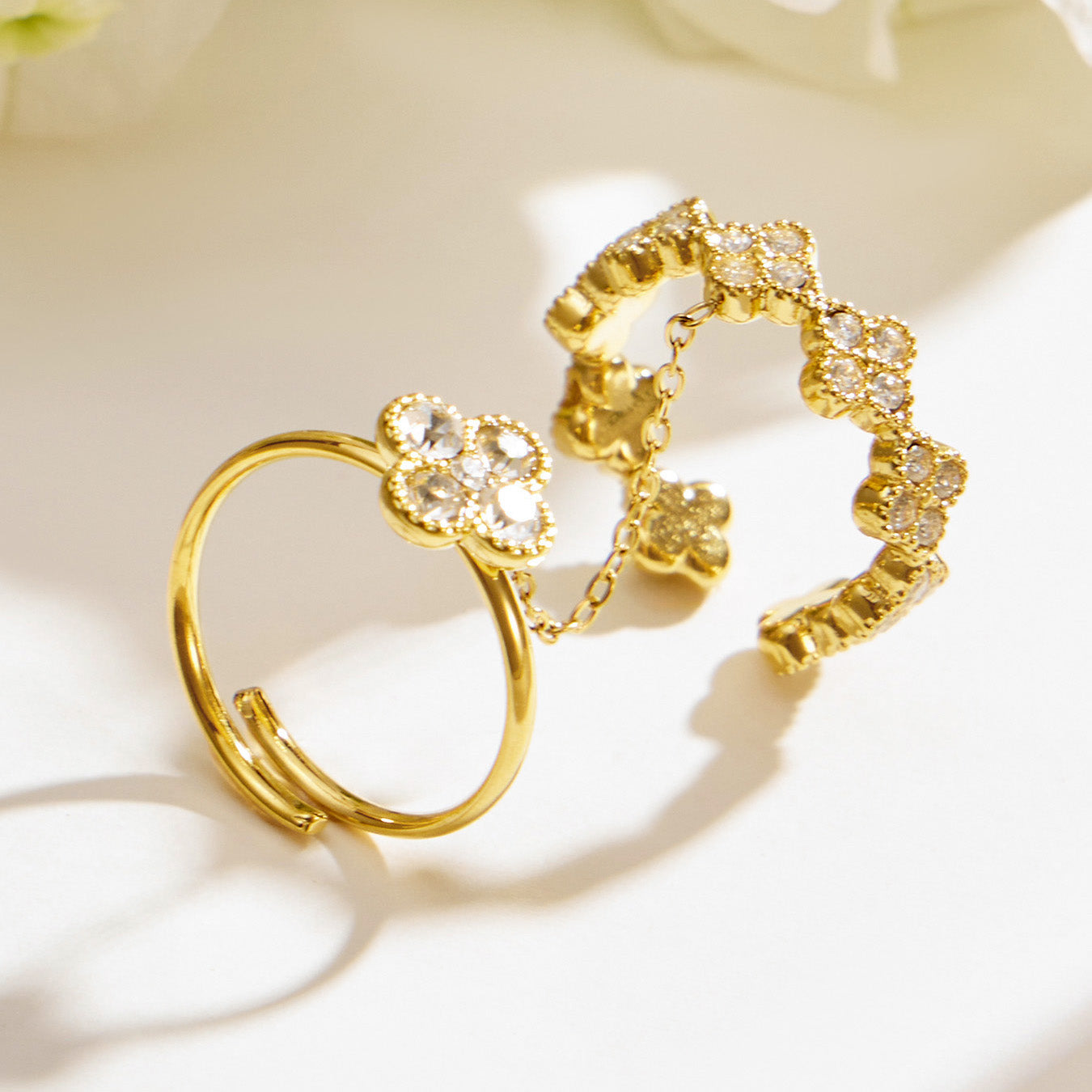 316L Stainless Steel 18K PVD Gold Clover Shell Ring Set made with 316L stainless steel and 18K PVD gold finish for wholesale jewelry buyers - image 7