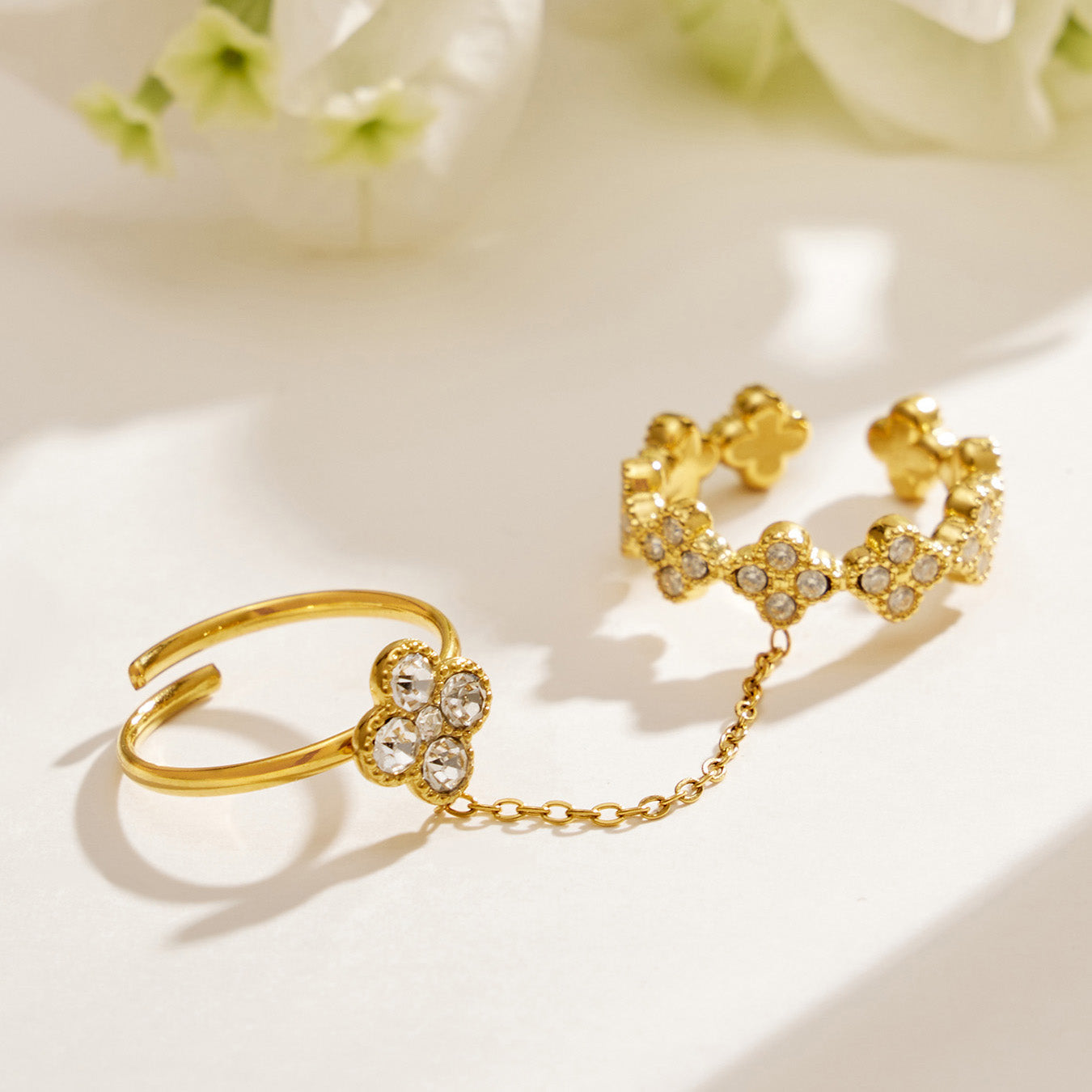 316L Stainless Steel 18K PVD Gold Clover Shell Ring Set made with 316L stainless steel and 18K PVD gold finish for wholesale jewelry buyers - image 9