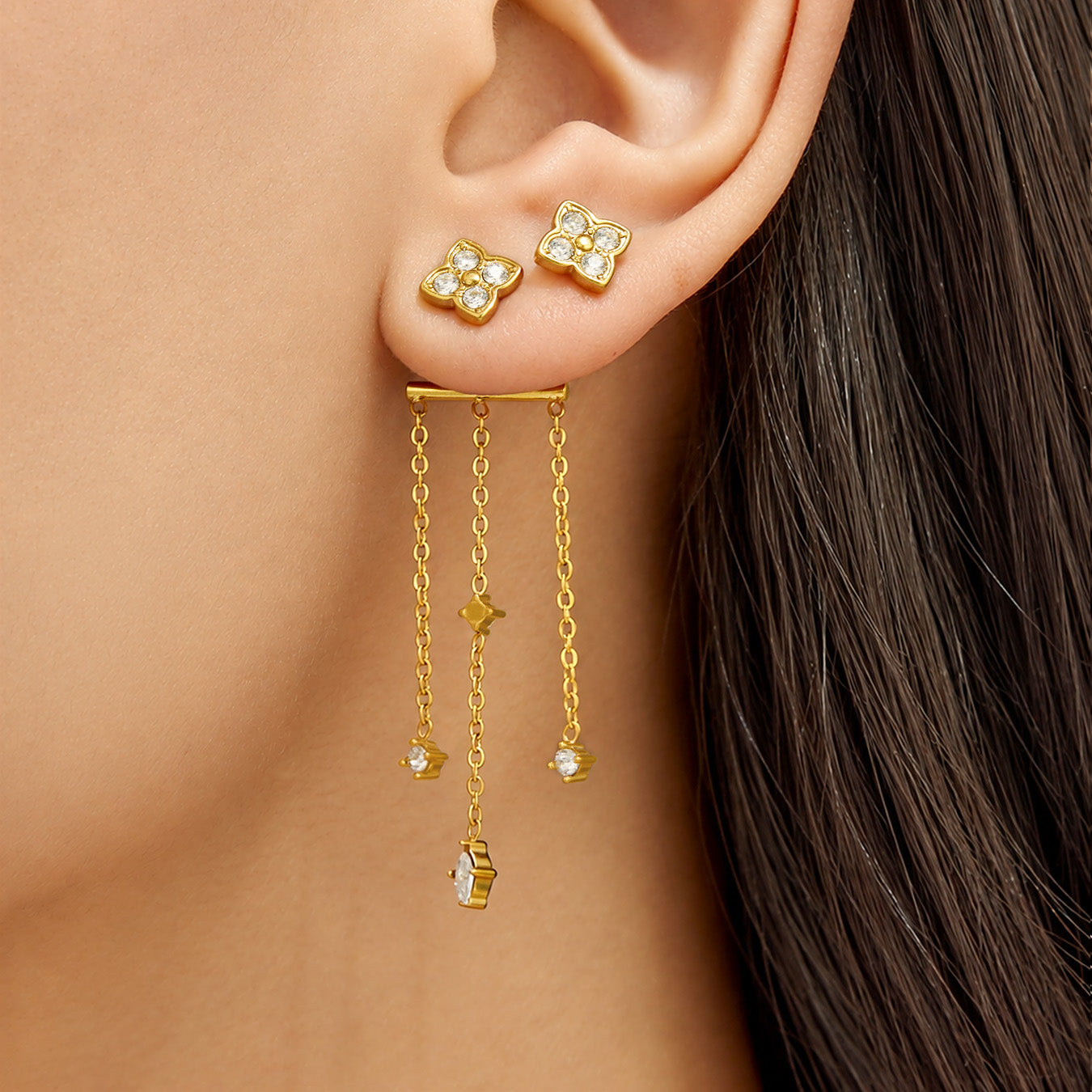Close-up view of 316L Stainless Steel Clover Tassel Earring - Image 2