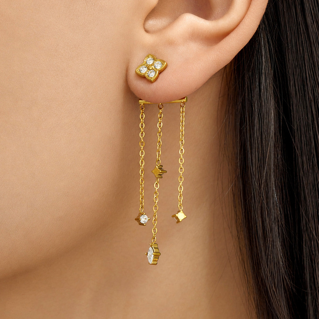 316L Stainless Steel 18K PVD Gold Clover Tassel Earring made with 316L stainless steel and 18K PVD gold finish for wholesale jewelry buyers - image 3