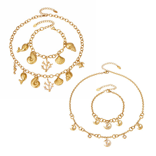 316L Stainless Steel 18K PVD Gold Coastal Charm Necklace & Bracelet Collection