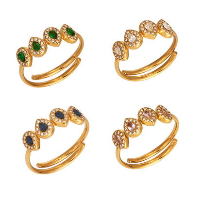 Colorful 5A zircon rings in 316L stainless steel with gold and steel tone options for wholesale boutique jewelry buyers