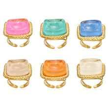 Colorful chunky resin rings with gold-tone stainless steel open bands