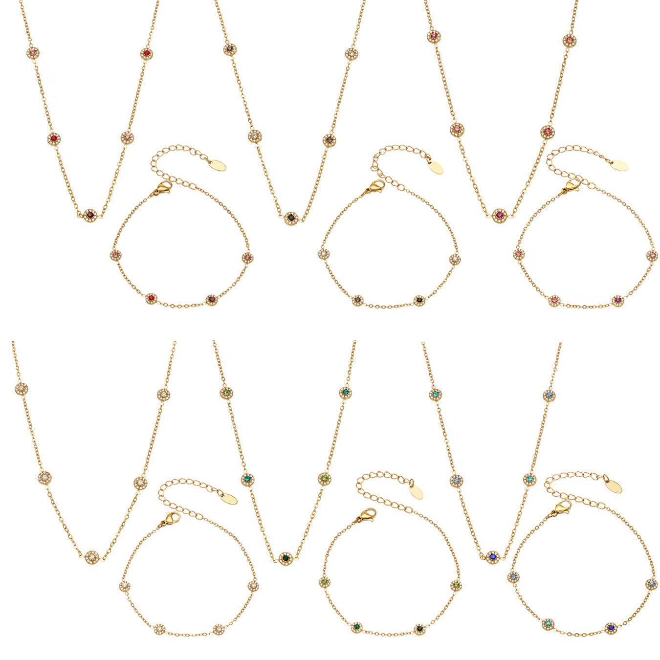 Colorful bezel-set cubic zirconia station necklaces and bracelets in gold-tone finish