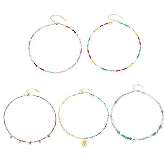 Multicolor natural stone and pearl beaded necklace collection with five color variants on a white background