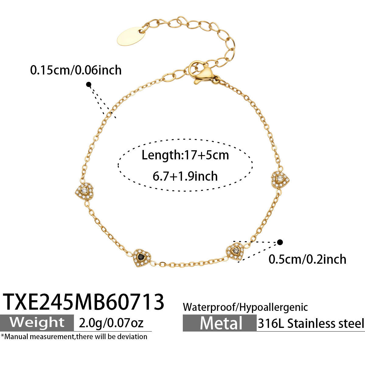 Size chart for gold-tone black and clear pave CZ heart bracelet with 18K PVD gold finish