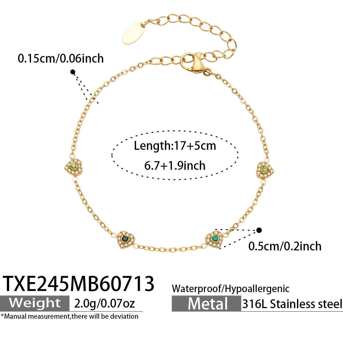 Size chart for gold-tone green pave CZ heart bracelet with 18K PVD gold finish