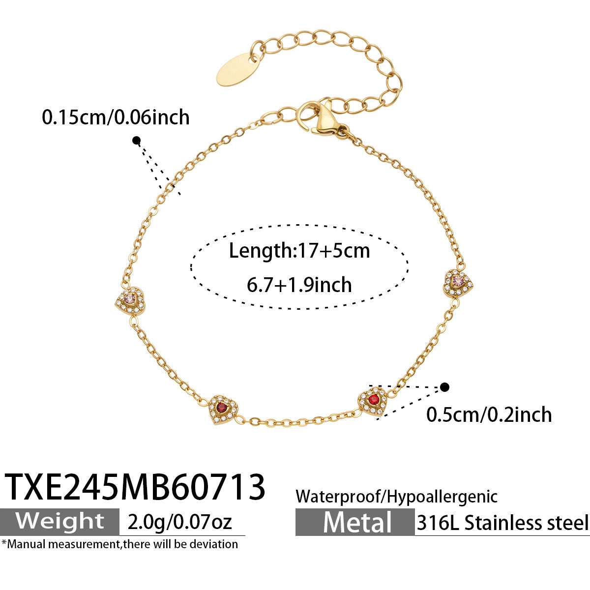 Size chart for gold-tone red pave CZ heart bracelet with adjustable 17+5 cm chain