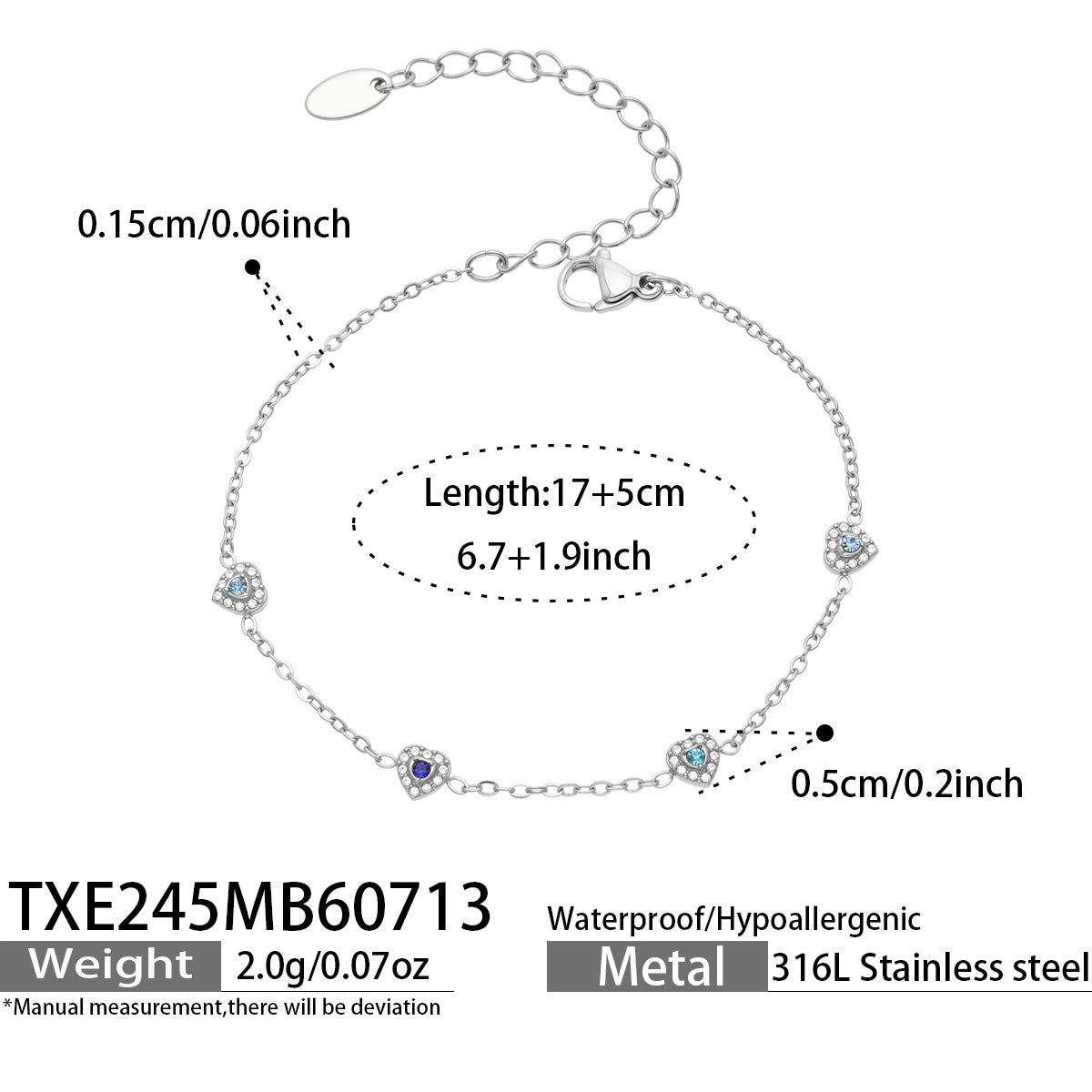 Size chart for silver-tone blue pave CZ heart bracelet in polished 316L stainless steel