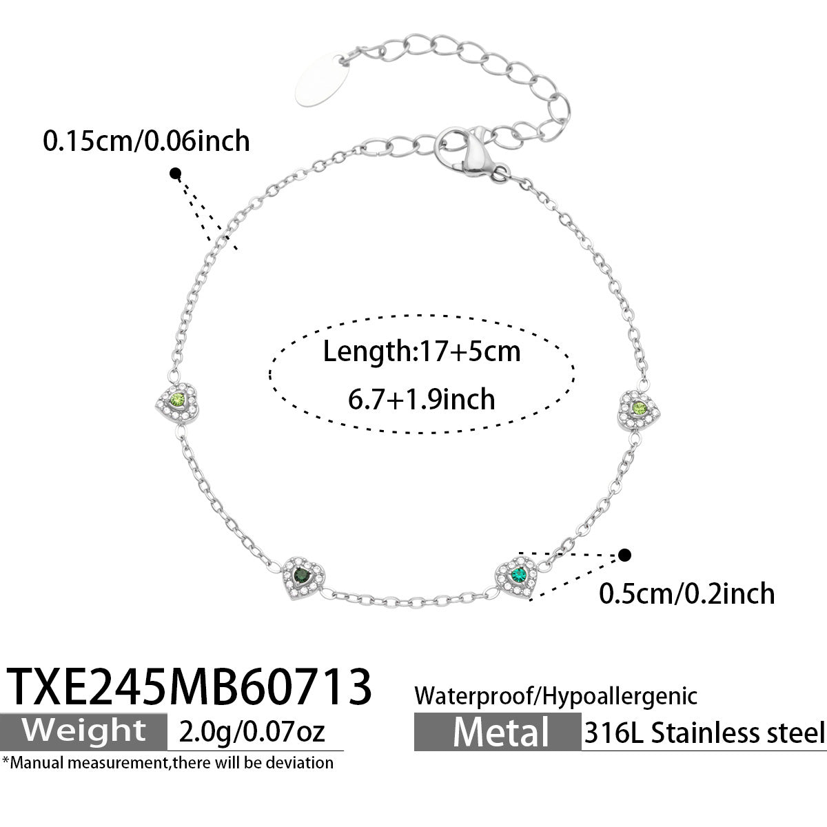 Size chart for silver-tone green pavé CZ heart bracelet, 17+5 cm, in 316L stainless steel