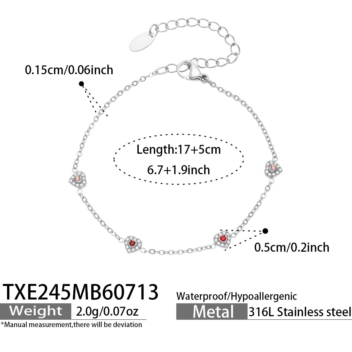 Size chart for silver-tone red pave CZ heart bracelet with adjustable 17+5 cm chain