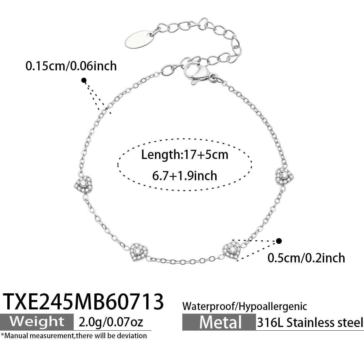 Size chart for silver-tone white pave CZ heart bracelet, 17+5 cm, in 316L stainless steel
