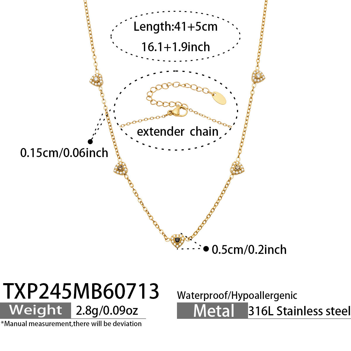 Size chart for gold-tone black and clear pave CZ heart necklace with 18K PVD gold finish