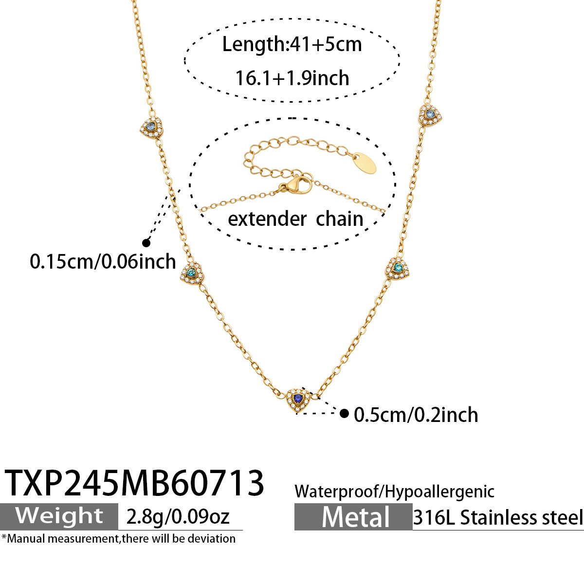 Size chart for gold-tone blue pave CZ heart necklace in 316L stainless steel