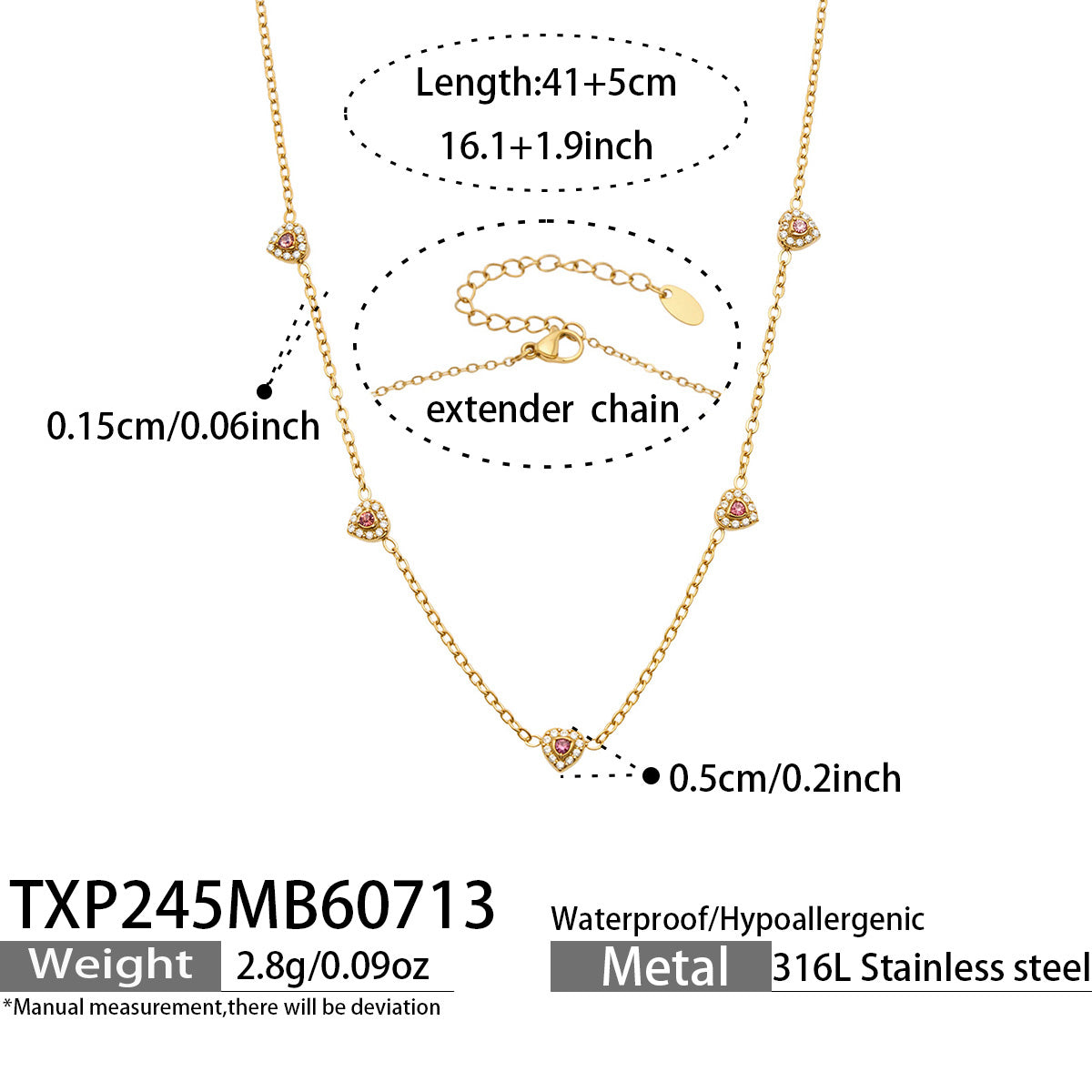 Size chart for gold-tone pink pave CZ heart necklace, 40+5 cm, with colorful heart stations