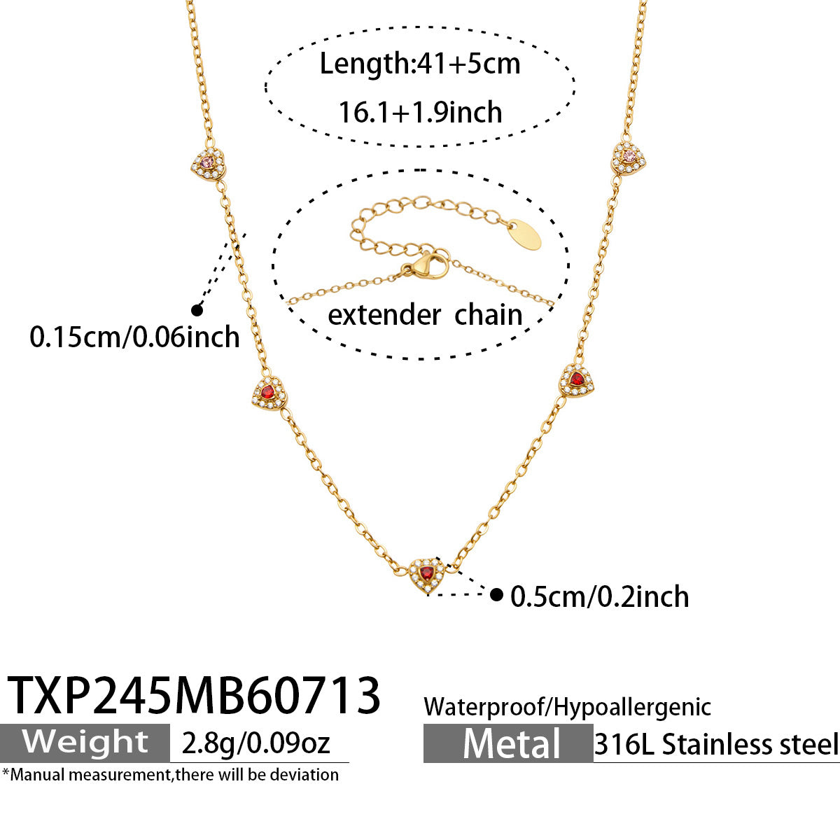 Size chart for gold-tone red pave CZ heart necklace with adjustable 40+5 cm chain