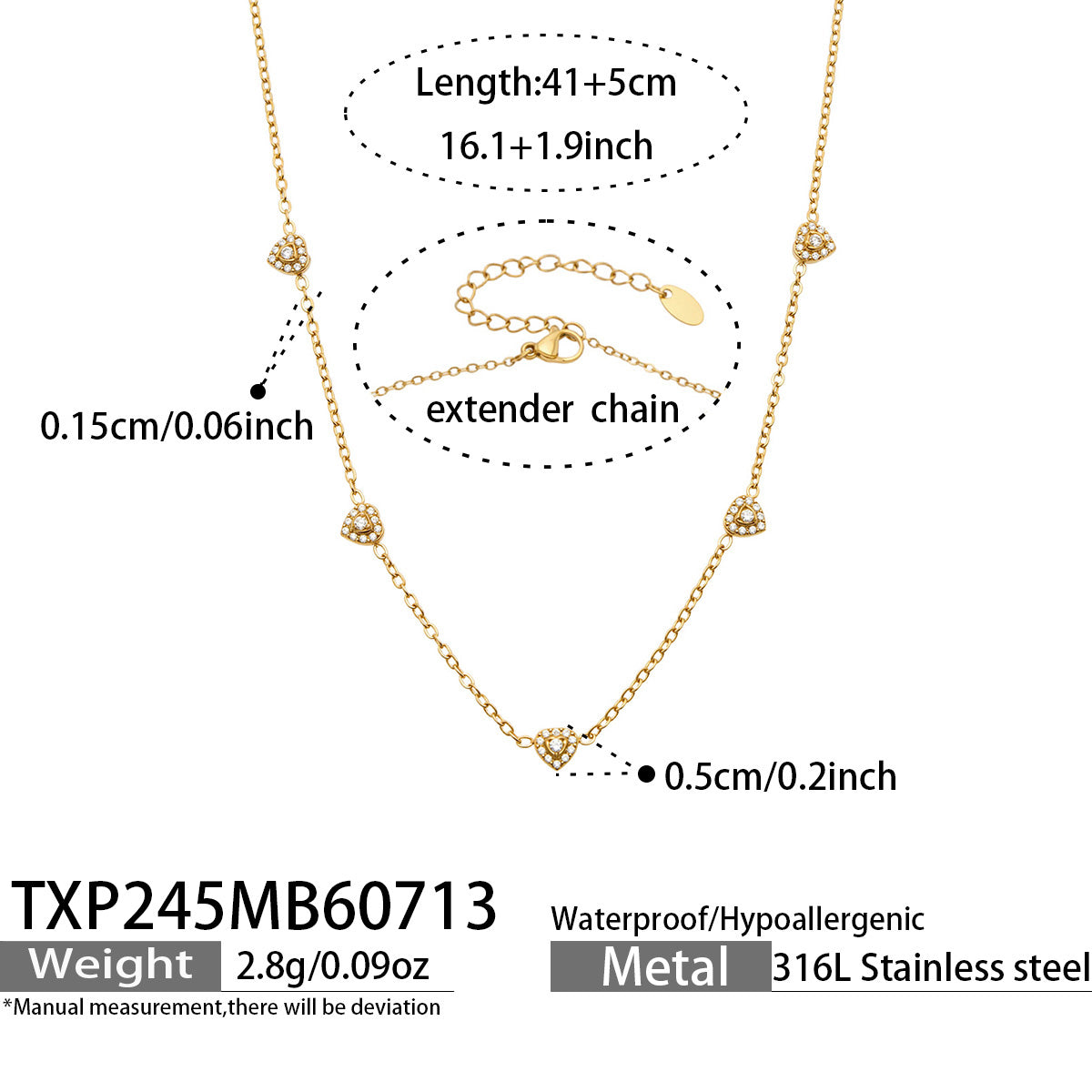 Size chart for gold-tone white pave CZ heart necklace, 40+5 cm, with 18K PVD gold finish