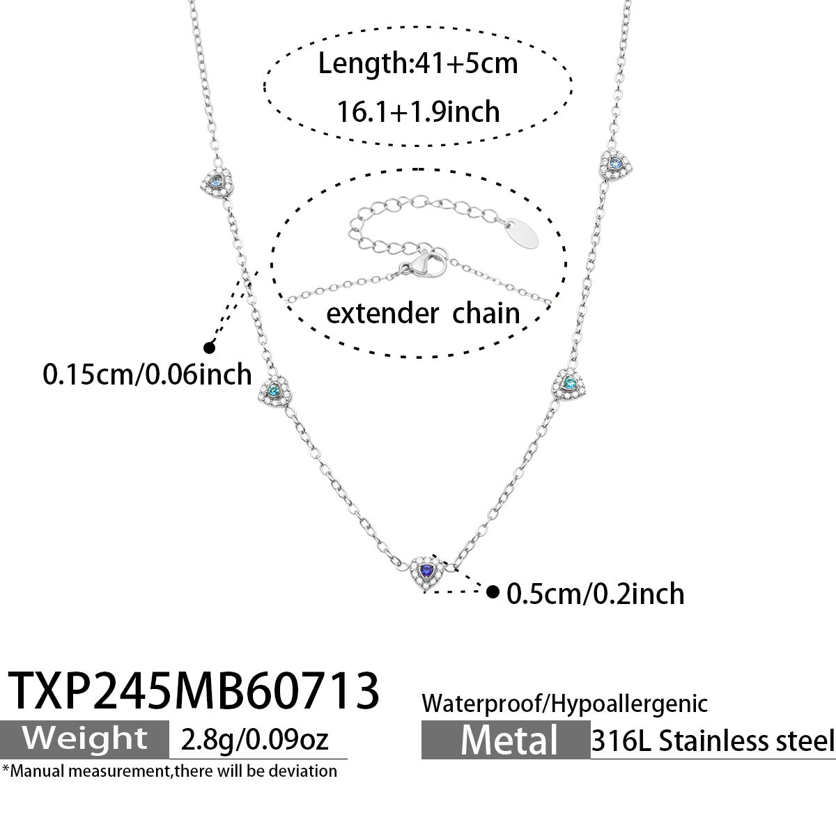 Size chart for silver-tone blue pave CZ heart necklace in polished 316L stainless steel