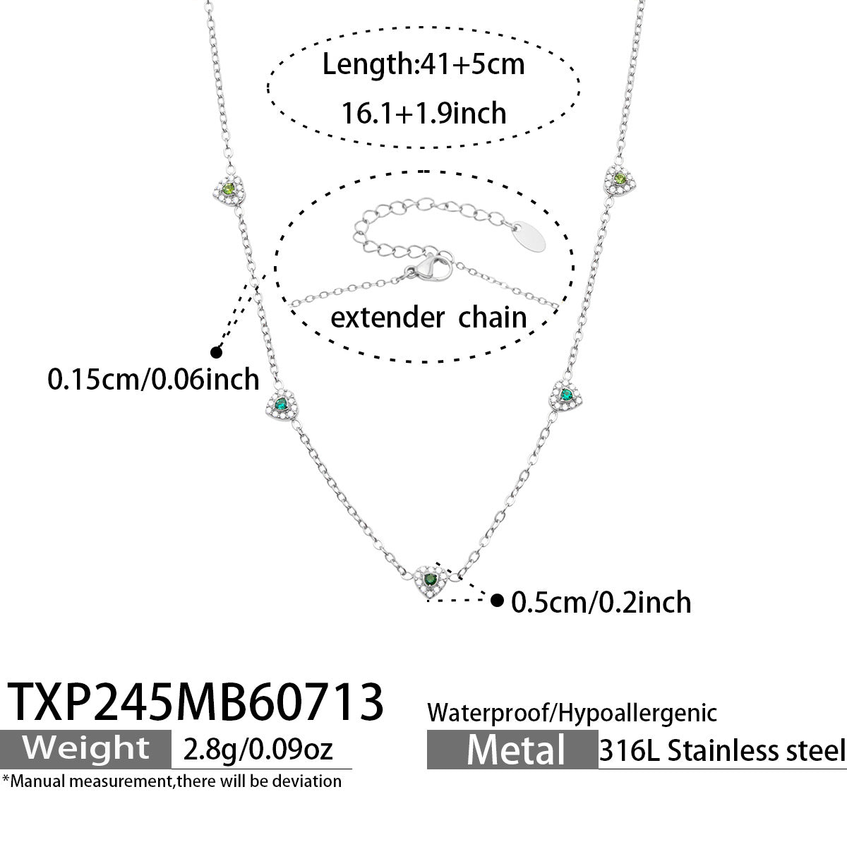 Size chart for silver-tone green pave CZ heart necklace, 40+5 cm, in 316L stainless steel