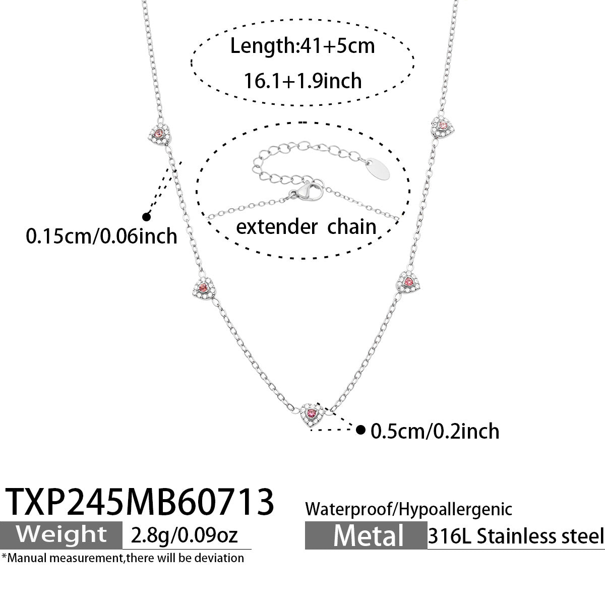 Size chart for silver-tone pink pave CZ heart necklace, 40+5 cm, with colorful heart stations