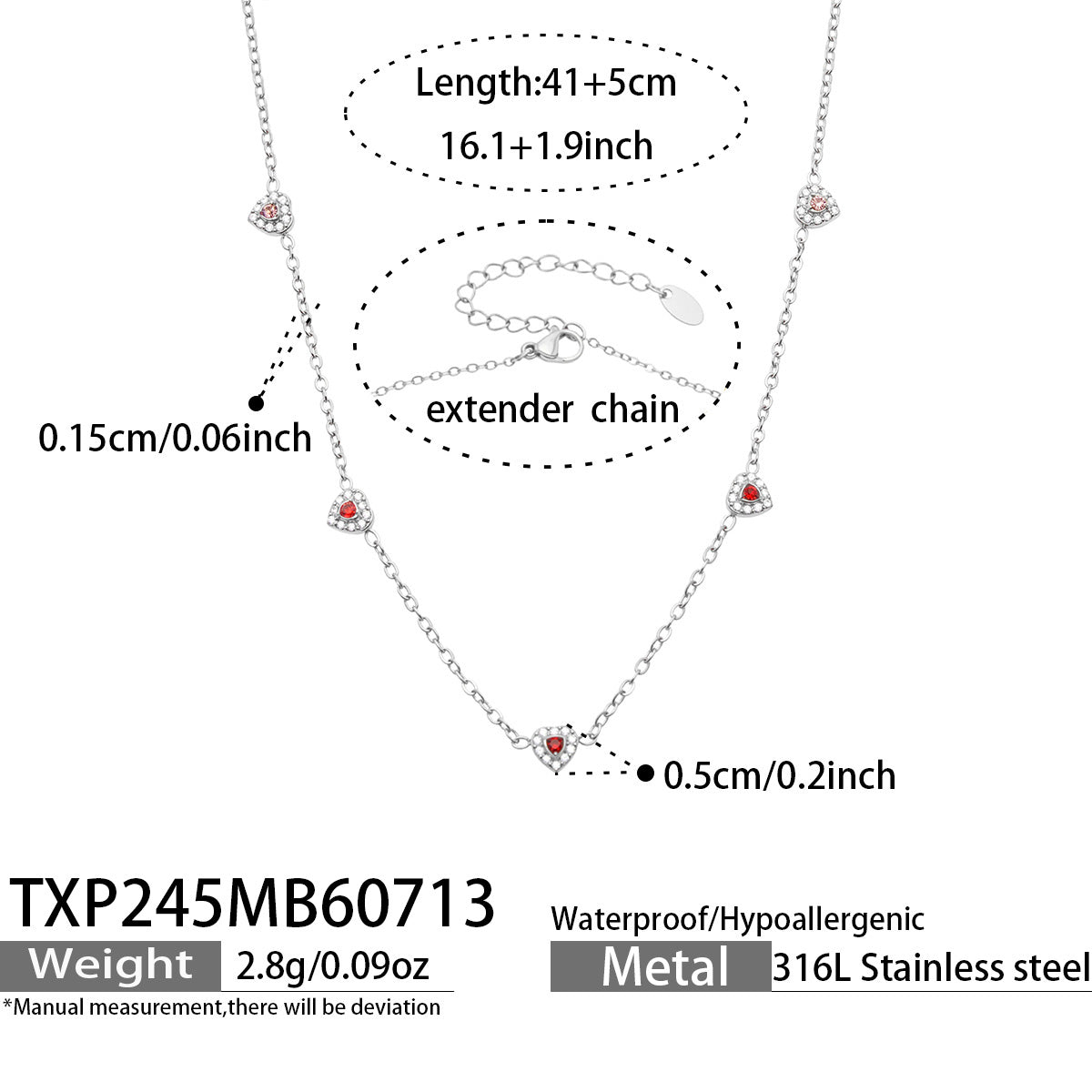 Size chart for silver-tone red pave CZ heart necklace with adjustable 40+5 cm chain