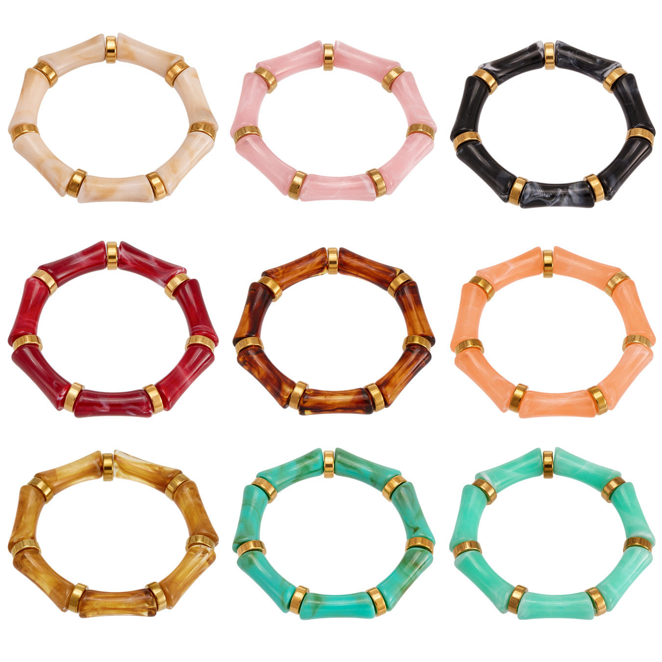 Colorful resin bamboo bangle bracelets stacked on wrist with gold-tone stainless steel accents for wholesale boutique buyers