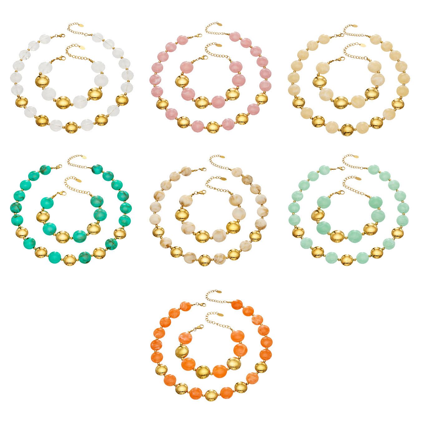 Overview of a colorful resin bead jewelry set with matching necklace and bracelet styles in multiple colorways with gold-tone accents.