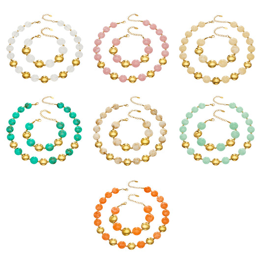 Overview of a colorful resin bead jewelry set with matching necklace and bracelet styles in multiple colorways with gold-tone accents.