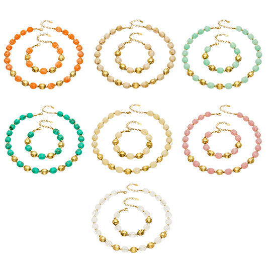 Collection image of colorful resin beaded necklace and bracelet sets with 316L stainless steel accents in multiple colorways.