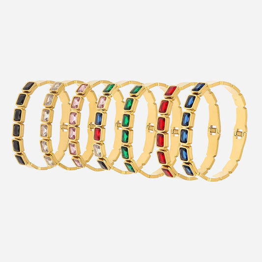 18K gold plated stainless steel bangle set with colorful square glass stones, multi-color design