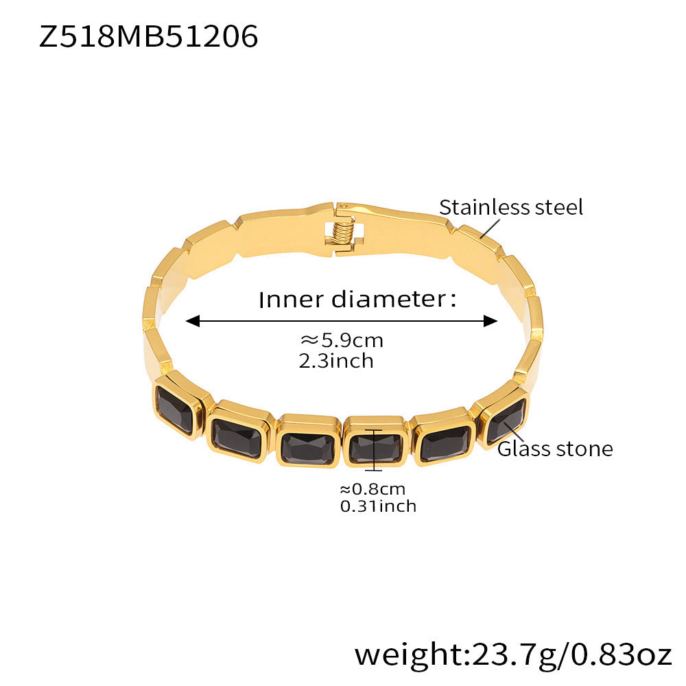 18K gold plated stainless steel bangle (Z518MB51206), black square glass stone, inner diameter 5.9cm, weight 23.7g
