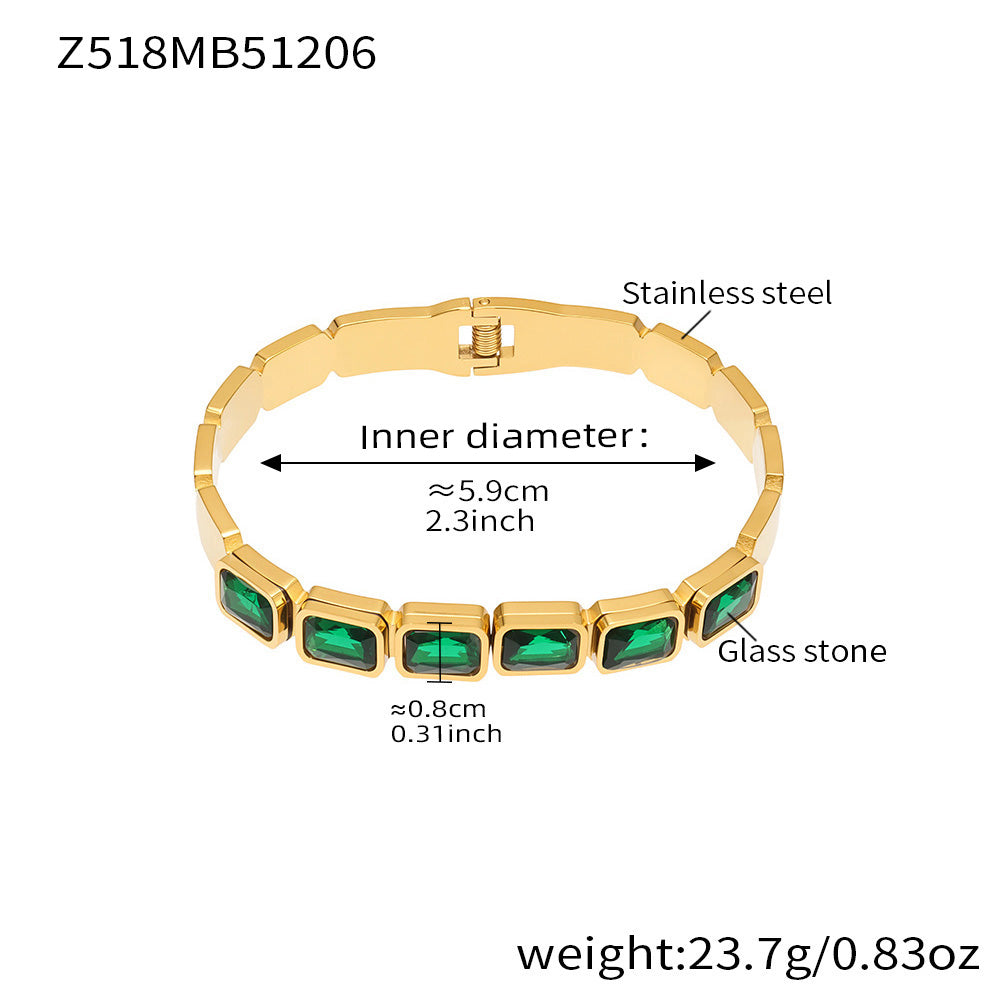 18K gold plated stainless steel bangle (Z518MB51206), green square glass stone, inner diameter 5.9cm, weight 23.7g