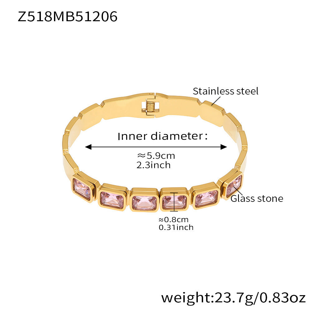 18K gold plated stainless steel bangle (Z518MB51206), pink square glass stone, inner diameter 5.9cm, weight 23.7g