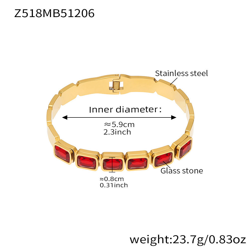 18K gold plated stainless steel bangle (Z518MB51206), red square glass stone, inner diameter 5.9cm, weight 23.7g
