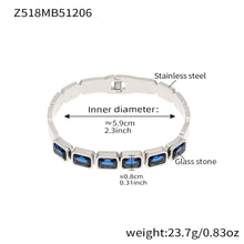 Silver stainless steel bangle (Z518MB51206), blue square glass stone, inner diameter 5.9cm, weight 23.7g