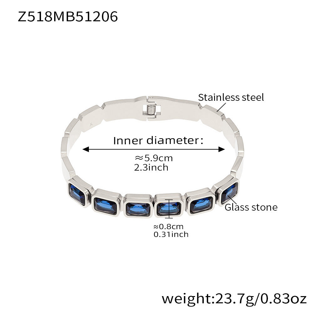 Silver stainless steel bangle (Z518MB51206), blue square glass stone, inner diameter 5.9cm, weight 23.7g